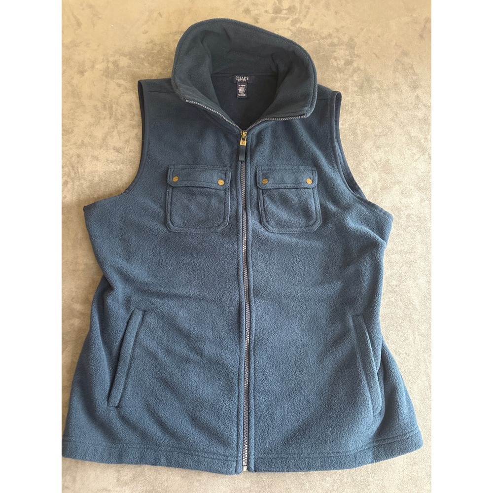 Chaps Navy Blue Fleece Full Zip Vest Women XL Mock Neck Four Pocket Layering
